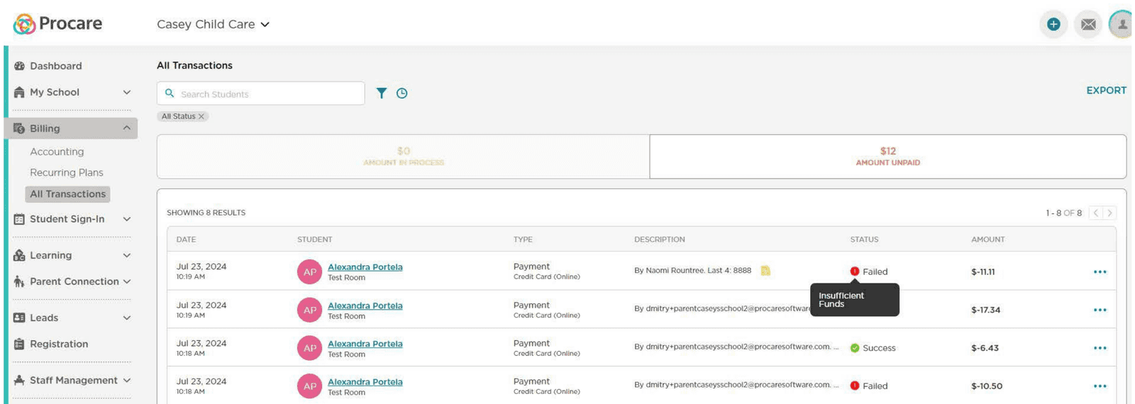 All Transactions billing screen showing failed and successful card payments with an "Insufficient Funds" reason tooltip