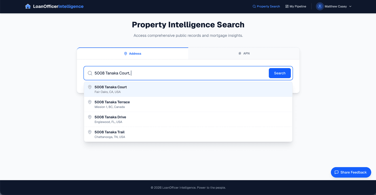 Property Intelligence Search screen with an address autocomplete dropdown